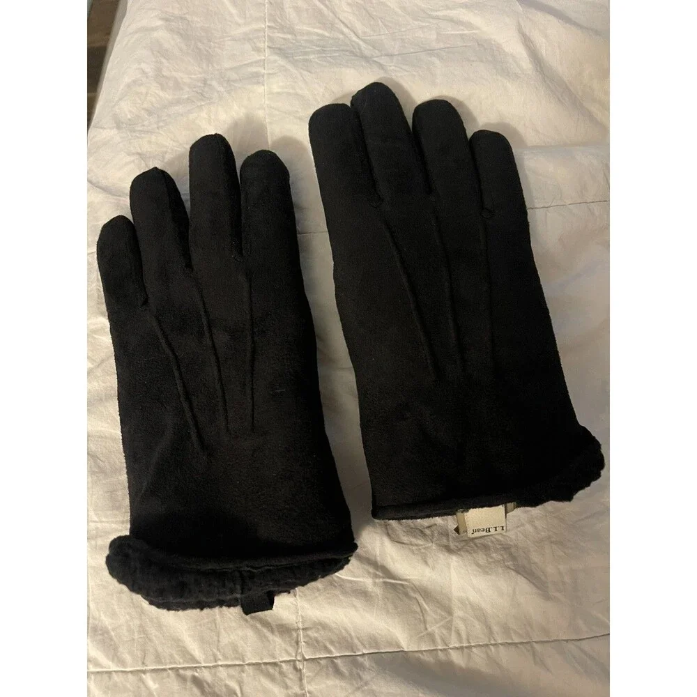 L.L. Bean Town & Field Suede Feel Black Winter Gloves faux Fleece Lining Sz Med